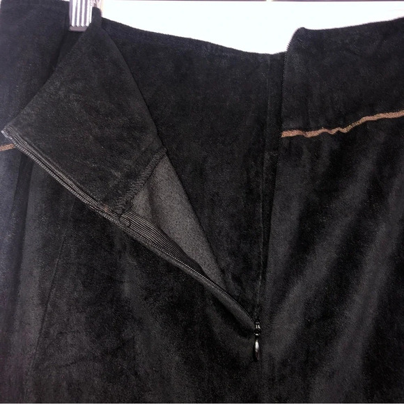 Tribal Midi Skirt Faux Suede Black Copperish Piping 6 Grunge Y2K Witchy - Picture 9 of 10